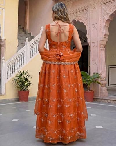 Women's Rust Orange Organza Anarkali Kurta Set with Dupatta – Embroidered Flared Long Dress Gown with Strappy Back and Sheer Scarf for Weddings, Festivals, and Ethnic Wear (XL) 3