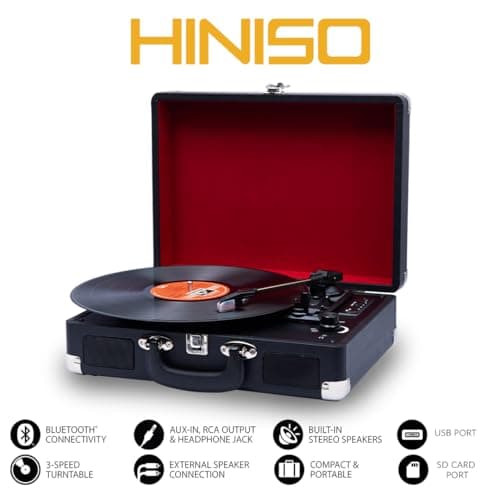 Hiniso T316 Vinyl Record Player with 2-Way Bluetooth | Portable 3-Speed Turntable with Built-in Speakers | Convert Vinyl/USB/SD to MP3 | AUX, RCA, Headphone Jack | Vintage Suitcase Design 2