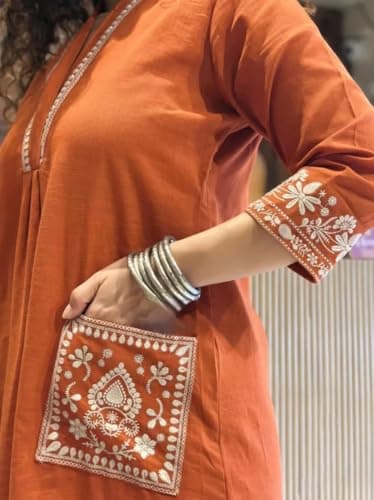 Women's Pure Cotton Co Ord Set l Kurta Sets for Women |Kurta Sets| Printed Kurta with Pant l Stylish Pocket & 3/4 Sleeve Women Co-ord Set (IN, Alpha, XL, Regular, Women, Orange) 5