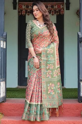 SGF11 Women's Cotton Linen Silk Saree With Unstitched Blouse Piece (Pink Green) 2