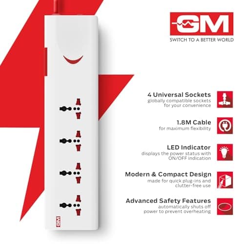 GM 3060 Extension Board 10Amp Output 250 Volts with 2 Mtr Extension Cord & Surge Protector | Master Switch, Safety Shutter, 4 International Sockets | Multi Plug Travel Adapter for Home Appliances 5