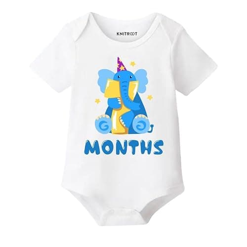 KNITROOT Monthly Birthday Special Newborn Baby White Color Half Sleeve Unisex 100% Cotton Romper, Sleepsuit, Body Suit, Envelope Neck, 7 Months Print, 6-9 Months, Infant Cloths, for Boys & Girls