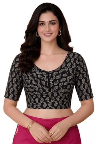 Amazon Brand - Anarva Women's Premium Cotton Leaf Print Strechable Readymade Saree Blouse | U-Neck Ethnic Wear for Festive and Party Look | Katori Cut Pattern (Cup-Blouse-Leaf-Black-XL)
