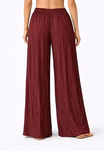 Women’s Palazzo Pants – Fit Elastic Waist Drawstring Trousers with Belt | Free Size Casual Lounge Wear | High Waist Flowy Wide Leg Palazzo, Office & Travel. (in, Alpha, 3XL, Plus, Wine) 2