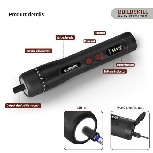 BUILDSKILL 8V cordless screwdriver set - 31 pieces | S2 & CR-V magnetic bits & chuck | forward & reverse function | 1600mAH battery | USB C type charging cable - ideal for DIY & professional use 4