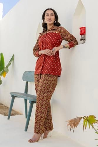 KOHSH Rust Embellished Shirt with Contrast Pants Co-ord Set (S_Rust) 5