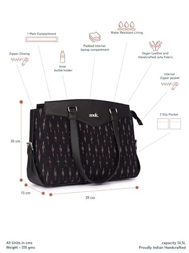 ZOUK Ikat GreRed Printed Jute Vegan Leather Black and Red Women's Office Work Bag With Double Handles Strap 5