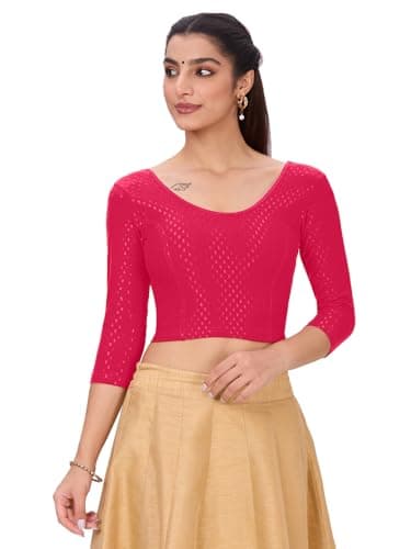 Plus Size Women Blouse Round Neck Dobby Cotton Stretchable 3/4 Sleeve Saree Blouse for Women