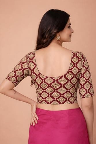 Amazon Brand - Anarva Women's Kalamkari Print Cotton Stretchable Round Neck Readymade Saree Blouse (Kalamkari-Blouse-soimoi-Maroon-XL) 4