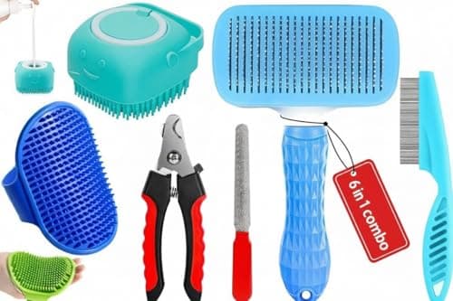 6 in 1 Pet Grooming Kit for Dog and Cat with Shedding Brush Nail Clipper Bath Brush Flea Comb and Complete Grooming Tools Set for Home Pet Hair Care Fur Cleaning and Professional Daily Pet Grooming Us