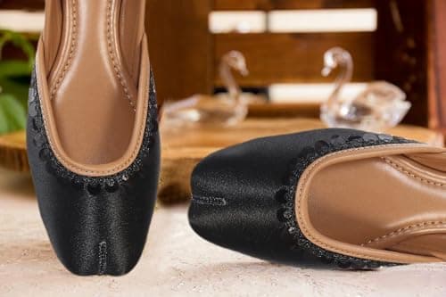 CatBird Women's Black Lace Work Ethnic Shoes Traditional Mojari Punjabi Jutti 8 UK 6