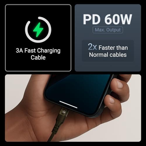 Zebronics Wattz 60CC2 Type-C to Type-C Soft Silicone Cable, PD 60W, 1 Meter, Durable, Charge & Sync, Rapid Charging, For Laptops, Tablets, Mobiles (Black) 3