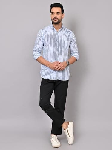 Aaheli Men’s Blue Haze Stripes Cotton Shirt | Handbrush-Style Vertical Blue Stripes, Soft & Breathable Cotton, Regular Comfort Fit Full Sleeve Casual Shirt for Men | L 3