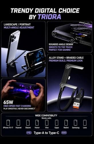 65W USB Type-A to Type-C Fast Charging Cable with Foldable Phone Stand, 1.5M Nylon Braided Data Cable, Adjustable Alloy Stand, Fast Charge & Data Sync Cable for All Android Devices. 4