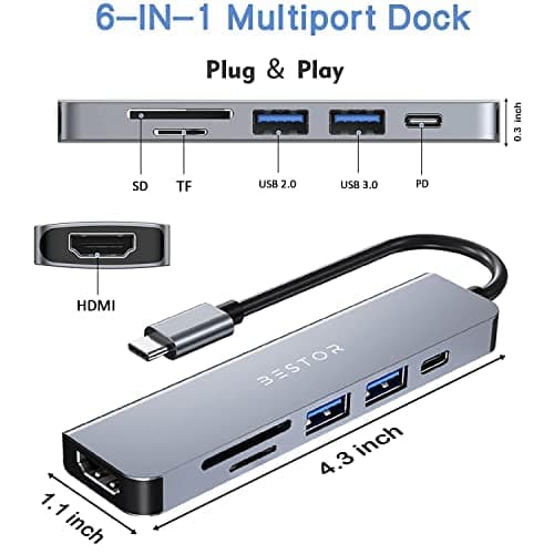 BESTOR® USB C Hub HDMI Adapter, 6 in 1 Multiport Dock for MacBook pro to HDMI 4k,2 USB 3.0 Ports SD/TF Card Reader 55W PD,Compatible for USB C Laptops Nintendo and Other Type C Devices 3