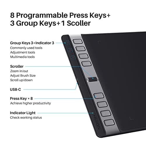 HUION Inspiroy 2 Large Drawing Tablet|Scroll Wheel |3-Set 8 Customized Keys| Battery- Free Stylus for Digital Art, Design, Sketch|10x6inch Graphics Tablet| Works with Mac, PC & Mobile|Black 4