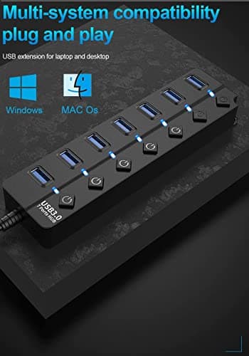 ADZOY Powered USB Hub 3.0, 7-Port USB Data Hub Splitter with One Smart Charging Port and Individual On/Off Switches and 5V/1A Power Adapter USB Extensionfor Laptop, PC, Computer, Mobile HDD 3