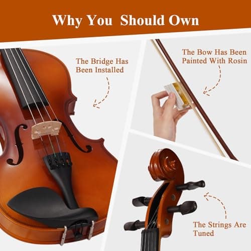 PHOENIX Violin 4/4 Full Size Kit, Violin Fiddle Set for Beginner Adults Student with Rosewood Bow, Extra Strings & Bridge, 2 Rosins, Tuner, Case, Mute, Fingerboard Stickers, Shoulder Rest 3
