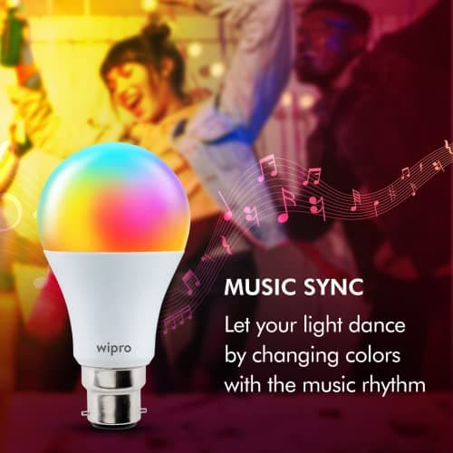 wipro 9-Watt B22 WiFi Smart LED Bulb with Music Sync (16 Million Colours + Warm White/Neutral White/White) (Compatible with Amazon Alexa and Google Assistant), Standard (NS9400)(Pack of 1) 2