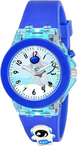 PAPIO® Blue Color Silicone Band Cute Cartoon Design Multi-Function 7 Color Light Analog Wrist Watch for Kids, Children, Boys, and Girls (KD-036)
