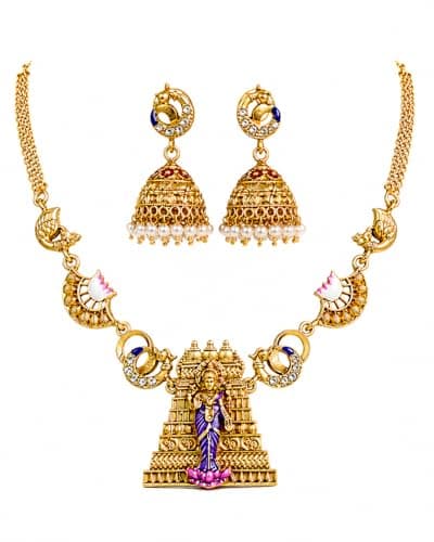 Dvina Glow Gold Plated Meenakshi Amman Temple Jewellery Necklace Set for Women | South Indian Antique Traditional Necklace with Matching Jhumka Earrings | Ethnic Bridal Wedding Festive Jewellery