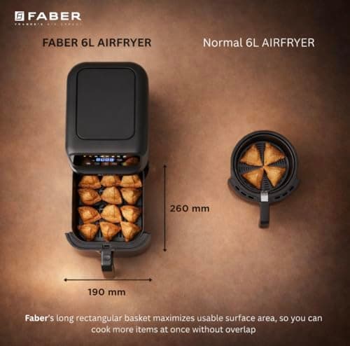 Faber 6L 1500W Digital Air Fryer | Fry, Bake, Roast | 85% Less Oil, 200°C Swirl Heating Technology |8-Preset Menu|View Window|Touch Control Interface| Auto Shut-Off |2 Yrs Comprehensive warranty|Black 4