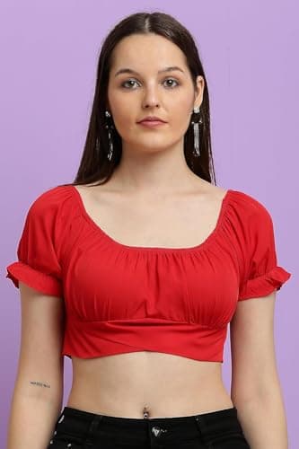 CLOTHINK INDIA Textiles || Women's Ruffle Short Sleeve Off Shoulder Tie Up Back Crop Blouse Top (Medium) 3