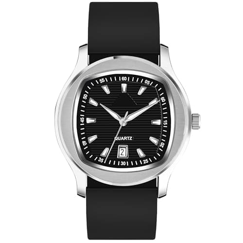 styledose Men’s Analog Quartz Watch with Date Display, Stainless Steel Square Case, Black Textured Dial, Silicone Strap, 40mm Casual & Formal Wrist Watch for Men (Black) 2