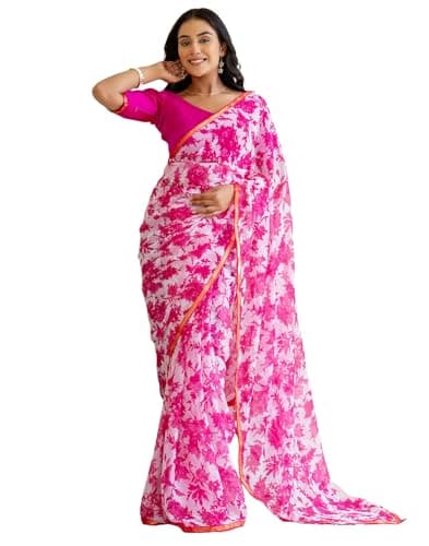 SIRIL Women's Chiffon Floral Printed Saree with Unstitched Blouse Piece (4473S236_White & Pink)