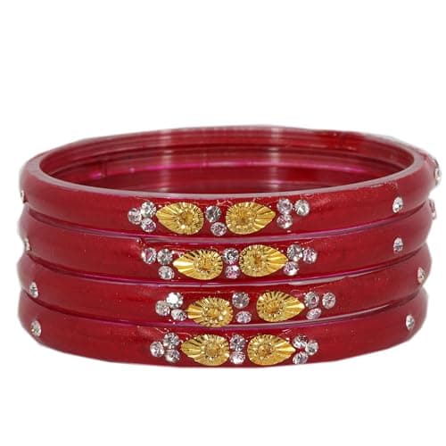 NMII Glass with Zircon Gemstone and Beads Studded Glossy Finished Kada For Women and Girls, Pack of 4, (Red_2.8 Inches) 3