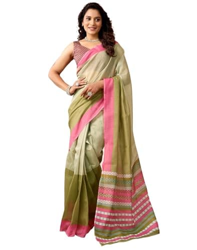 SIRIL Women's Chanderi Cotton Printed Ready to Wear with Pocket Saree with Unstitched Blouse Piece (47RS434_Green)