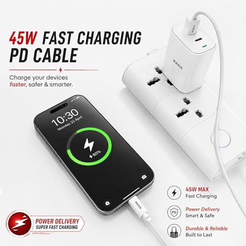 Razix Link 45 Type C to Type C Fast Charging Cable | 45W PD Fast Charging & Data Sync Cable for iPhone 17/16/15 Series, Samsung, OnePlus, iPad, MacBook & USB-C Devices | Nylon Braided 4