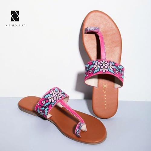 Kanvas Kolhapuri Chappal for Women - Flat Sandals - Ethnic Slippers - Stylish Slip-on - Comfortable - Traditional Footwear - Pink Floral Digital Art Design 4