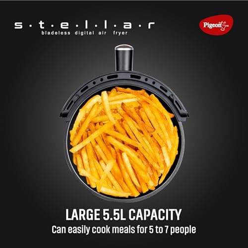 Pigeon By Stovekraft STELLAR Air Fryer Large 5.5L | 1500W BLADELESS Airfryer | Unique See Through Top View Glass | 360 Airwhirl Technology | Digital Touchscreen | 8 PRESETS Menu | Shake Feature, Black 5