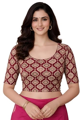 Amazon Brand - Anarva Women's Kalamkari Print Cotton Stretchable Round Neck Readymade Saree Blouse (Kalamkari-Blouse-soimoi-Maroon-XL)