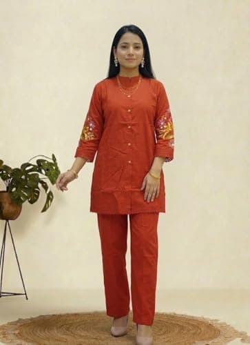 Aryans Design Den ADD Women’s Front Solid Back Side Print Pure Cotton Co-Ord Set | Stylish Embroidered Button-Down Kurta with Straight Pants | Soft Breathable Ethnic Co-Ord Set (Orange, M) 4