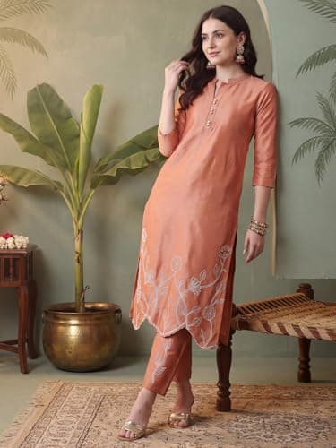 INDO ERA Women's White Pure Cotton Floral Printed Straight Fusion Kurta & Pant Set 5