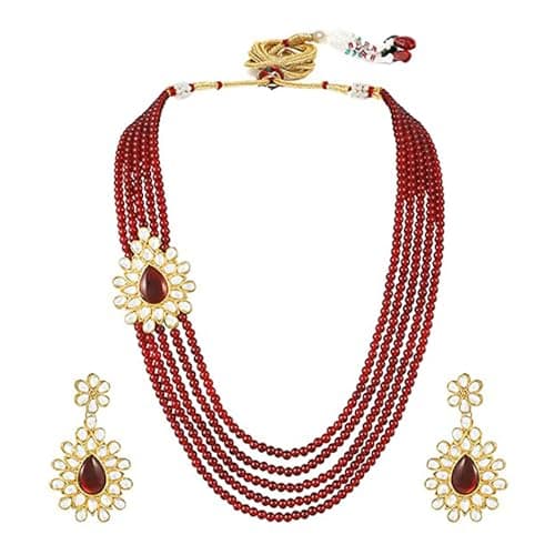 Peora Indian Traditional 18K Gold Plated Kundan Pearl Maroon Long Necklace with Earring Jewellery Set for Women Girls