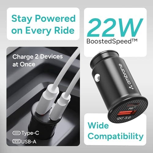Ambrane 22W Fast Car Charger | Dual Port PD + QC | Type C & USB Car Adapter for iPhone, Samsung, Android, Tablets, Laptop | Compact Car Charger for Mobile, iPhone, Android, (ACC-21 Black) 2