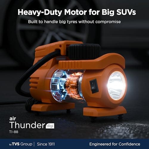 myTVS Air Thunder Digi Tyre Inflator for Car and Bike with LED Torch (100 PSI, Auto Stop, Digital Meter, Durable Metal Body, 3m Cord) | Air Pump for Car Tyre Inflator Pump TI-88, 1+1 Years Warranty 4