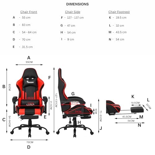 Dr Luxur Musclerice Gaming Office Desk Ergonomic Lumbar Support, PU Leather High Back Adjustable Swivel Task Chair with Footrest, Removable Neck, Linkage Arm Rest (Musclerice Leatherette Red) 2