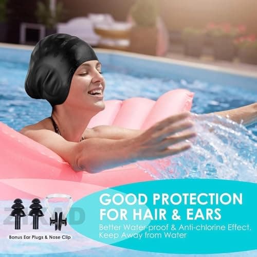 TEKCOOL Latest Designed Long Hair Swim Cap,Waterproof Silicone Swimming Cap for Adult Woman and Men,Keeps Hair Clean with Ear Protector Fresh Long Lasting Silicone Made Waterproof Swimming Cap(Black). 4