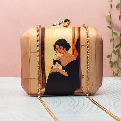 Artklim Colourful Lion Printed Clutch – Designer Party Clutch for Women | Statement Art Evening Bag with Gold Chain (Cream) 2