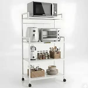 Heavy Duty 4 Tier Metal Microwave Stand with Wheels | Kitchen Appliance Storage Rack for Oven, OTG & Air Fryer | Organizer Trolley (White)