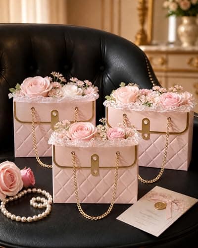 SATYAM KRAFT 3 Pcs Gift Hamper Bag with Chain Handle | Folding Reusable Decorative Packaging Bag for Her/Him Wedding Return Gifts, Festivals Events, Party Favours,Corporate Gifting (Pink)