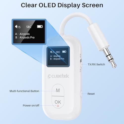 Cubetek SafeFly Pro Bluetooth V5.3 Transmitter Receiver with OLED Screen for 2 Bluetooth Headphones, AptX LL/HD/AD, Use with Any 3.5MM Jack on Airplane, TV & Home Audio System 3