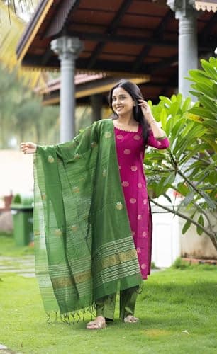 Women's Beautiful Kanchi Cotton Salwar Suit And Zari With Zalar Work kurti Set with Round Neck,Short Sleeve 3-Piece Traditional Kurti set For Any Occasion (IN, Alpha, 2XL, Regular, Women, Rani Pink) 3