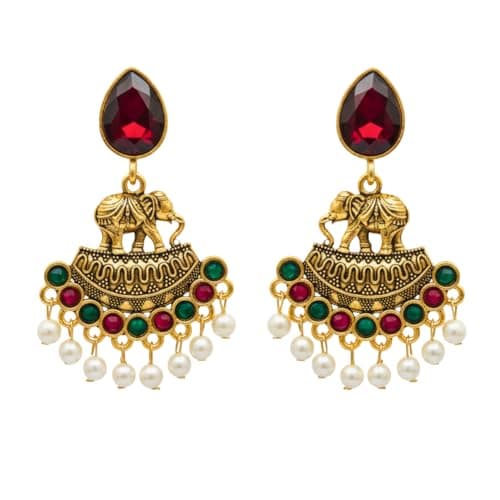Sia Ratna Gold Plated Elephant Motif Jhumka Earrings for Women, Traditional Red Green Stone & Pearl Drop, 6.5 cm Long, Festive Look