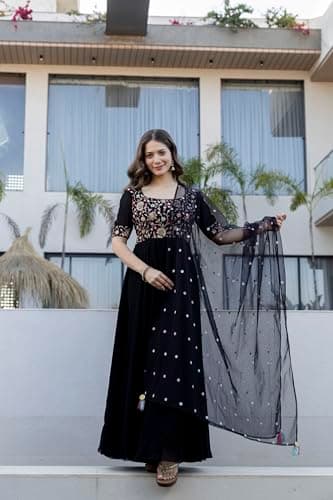 Quinry Women's Georgette Embroidered Anarkali Gown with Dupatta Set - Black (in, Alpha, L, Regular) 3