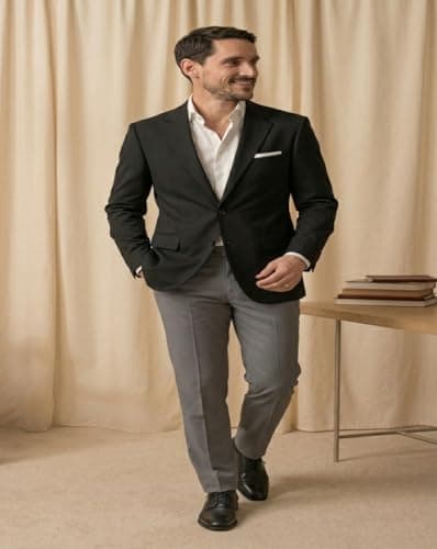 MAYKR Men's Black Blazer, Single-Breasted Formal Suit Jacket with Notch Lapel and Pocket Square 4